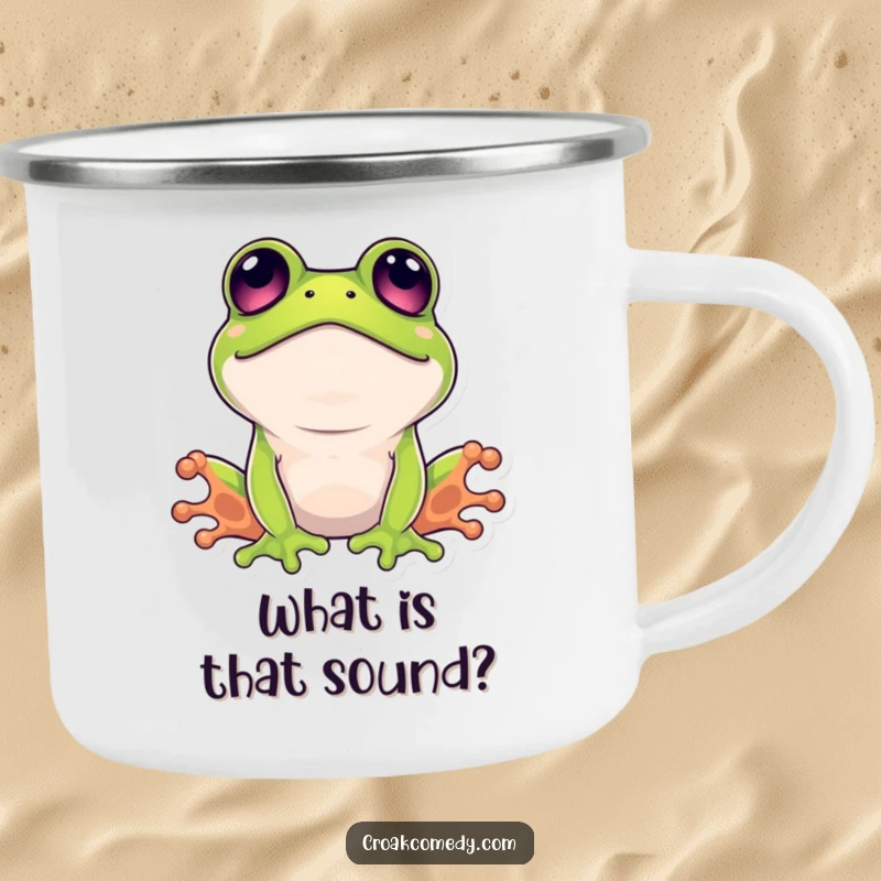 Funny surprised frog camping mug, featuring a wide-eyed amphibian, ideal for outdoor enthusiasts seeking a laugh.