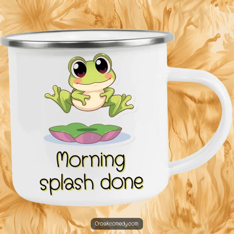 Funny Camping Mug featuring a cute frog with big eyes leaping over a lily pad, designed for outdoor enthusiasts who enjoy humor and nature.