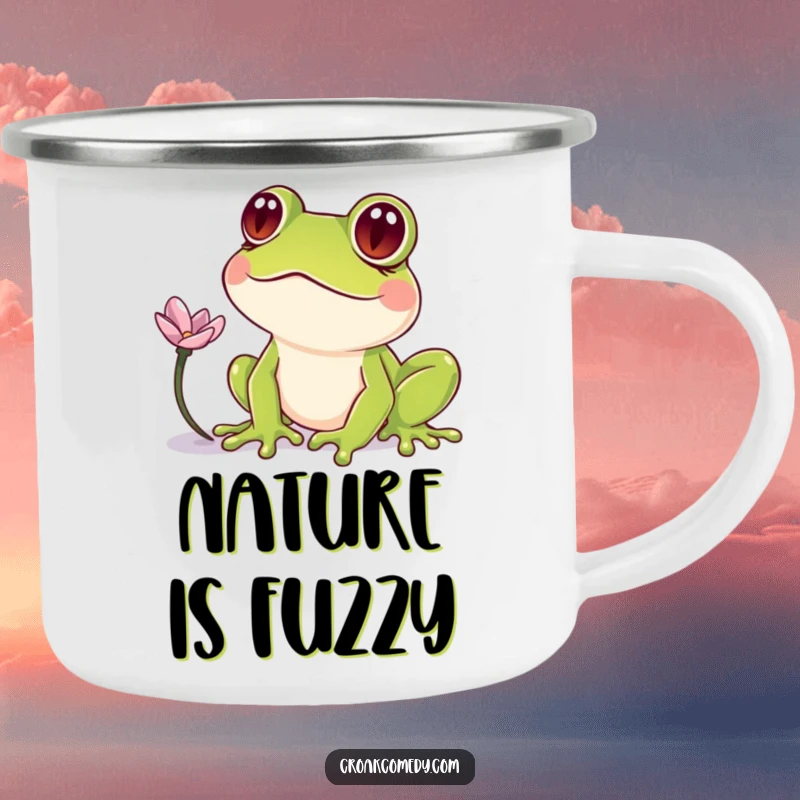 Funny Frog Camping Mug: A frog with crossed eyes staring at a petal, ready for outdoor adventures with humor.