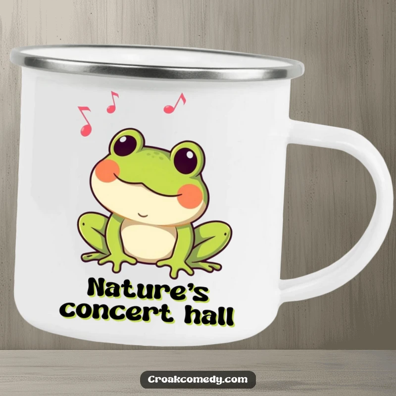 Funny Frog Camping Mug: A happy frog croaking tunes, ideal for outdoor adventures and adding musical humor.