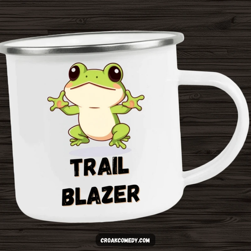 Funny Frog Camping Mug featuring an eager frog winking, preparing to jump, perfect for outdoor drinks with a humorous and adventurous design.