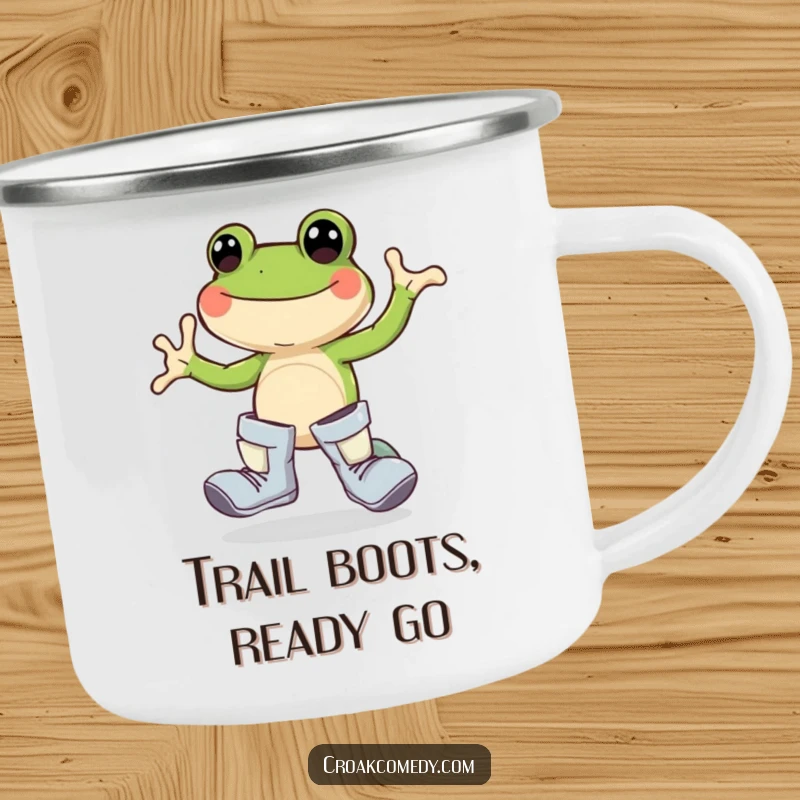 Funny frog camping mug, oversized boots, joyful hopping, outdoor adventure drinkware, nature-themed mug, cute cartoon gear.