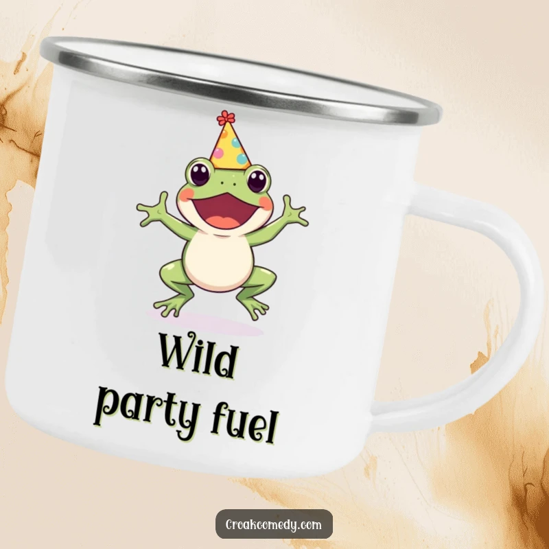 Funny Frog Camping Mug: Robust drinkware with a cute, hopping frog in a party hat, ready for any adventure, a funny gift.