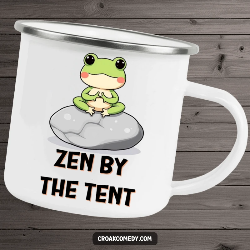 Funny camping mug showcasing a meditating frog on a smooth stone, designed for peaceful outdoor experiences.