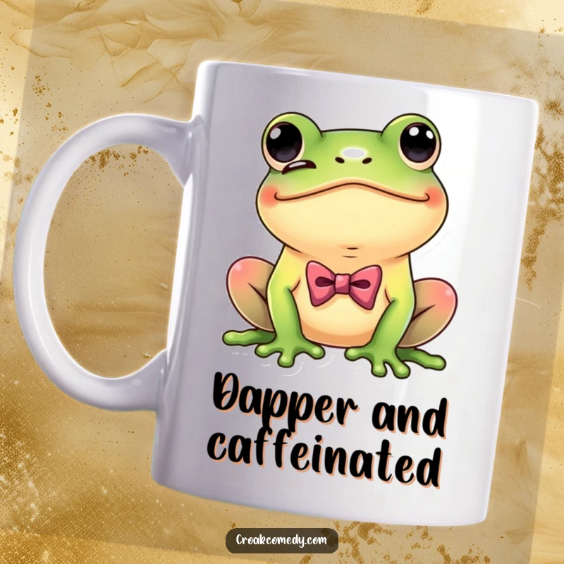 Funny Dapper Frog Mug showing a playful frog wearing a bow tie and winking coyly, a stylish and humorous gift.