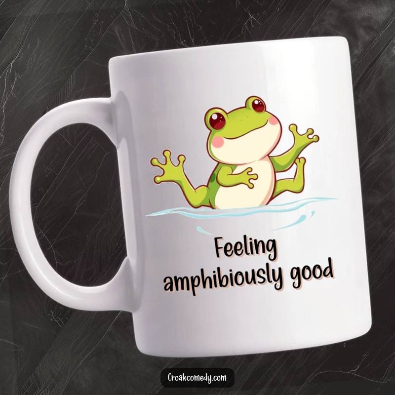 Funny frog mug with legs kicking, joyfully swimming with a wide grin, capturing pure amphibian bliss and a fun spirit.