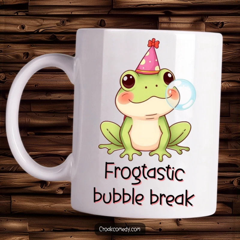Funny Frog Mug with a party hat, joyfully blowing a big bubble, perfect for a funny gift.