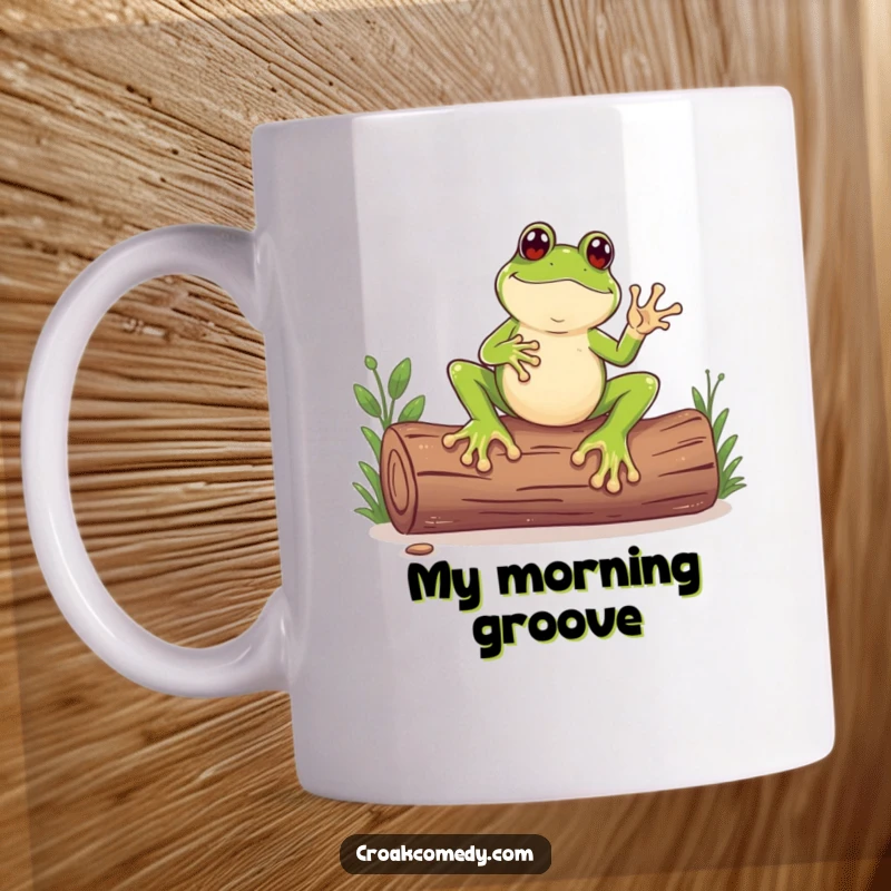 Funny mug with a frog sporting oversized feet, enthusiastically tapping out a rhythm on a log with its feet.