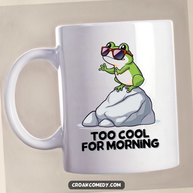 Funny frog wearing cool sunglasses, confidently balancing on a rock, adding a touch of humor to this mug.