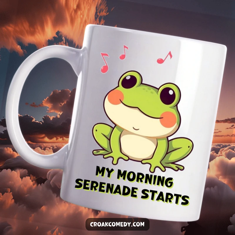 Funny Frog Mug: A happy amphibian croaking a tune with musical notes, bringing joyful melodies and laughter.
