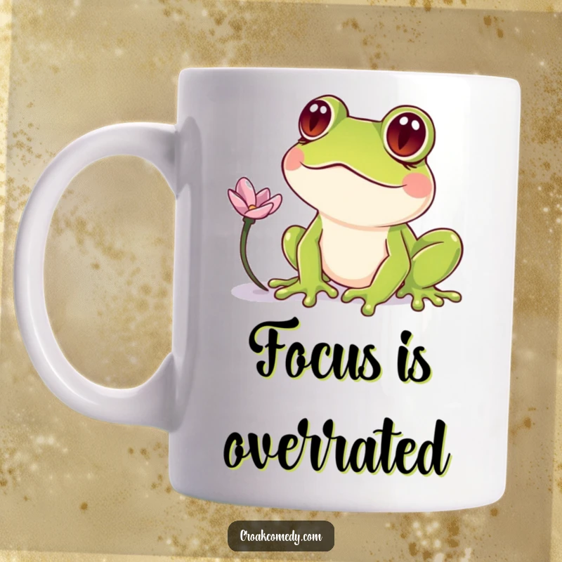 Funny Frog Mug: A frog with comically crossed eyes intently staring at a floating flower petal, pure amphibian charm.