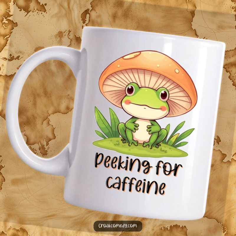 Funny Frog Mug peeking with a smile from behind a large mushroom, evoking curiosity and humor.