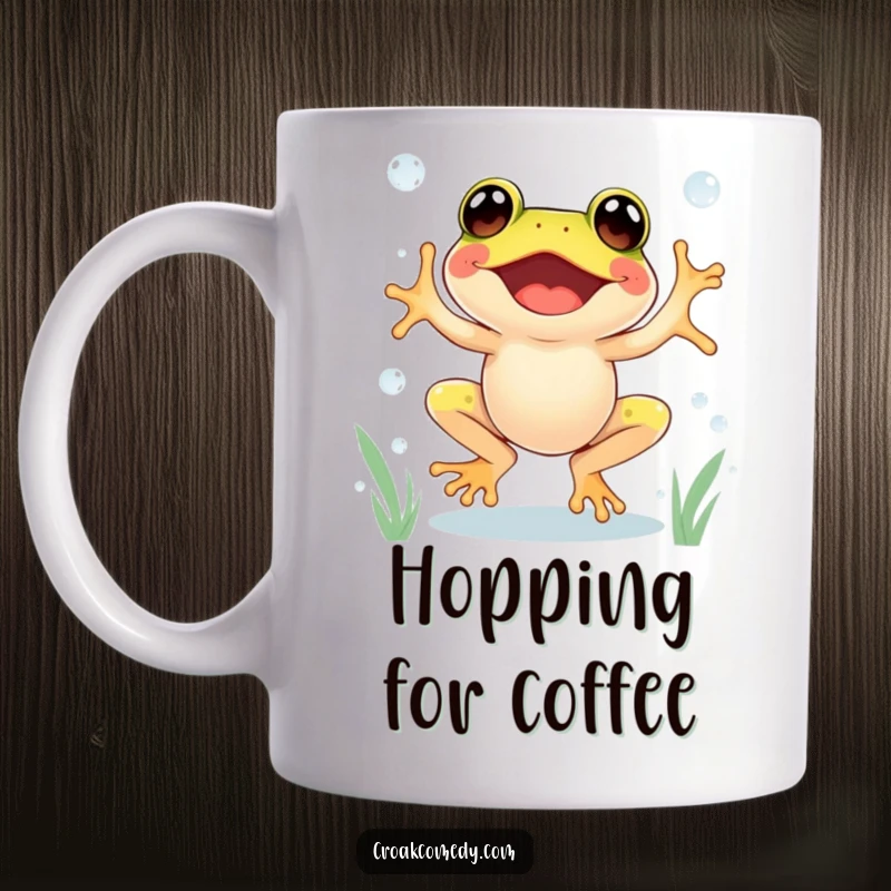 Funny Frog Mug showing an excited frog gleefully jumping between glistening dewdrops, full of energy.