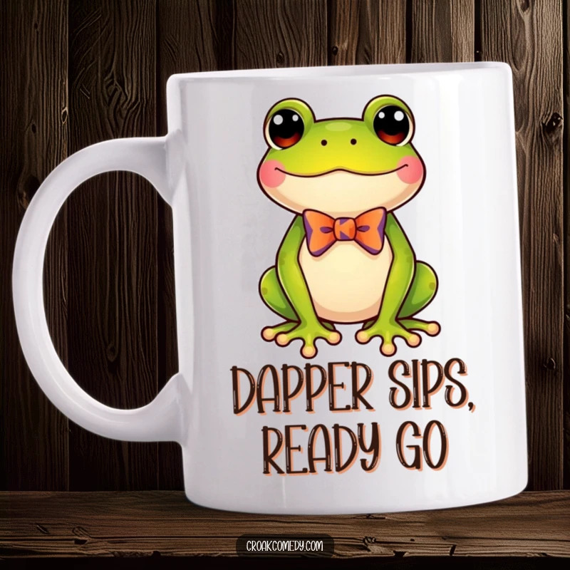 Funny frog wearing a tiny, colorful bow tie, looking delighted on a mug, perfect for amphibian lovers and gift seekers.