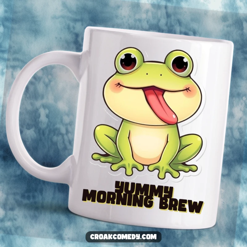 Funny Frog Mug: A giggling amphibian playfully sticking its tongue out, full of cheeky charm, perfect for a funny gift.