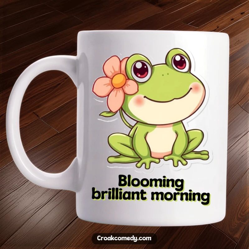 Funny happy frog mug, showcasing a content amphibian wearing a colorful flower behind its ear.