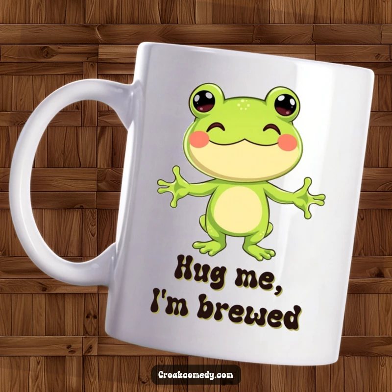 Funny Mug of a jubilant frog with arms wide open, enthusiastically offering a warm, welcoming hug.