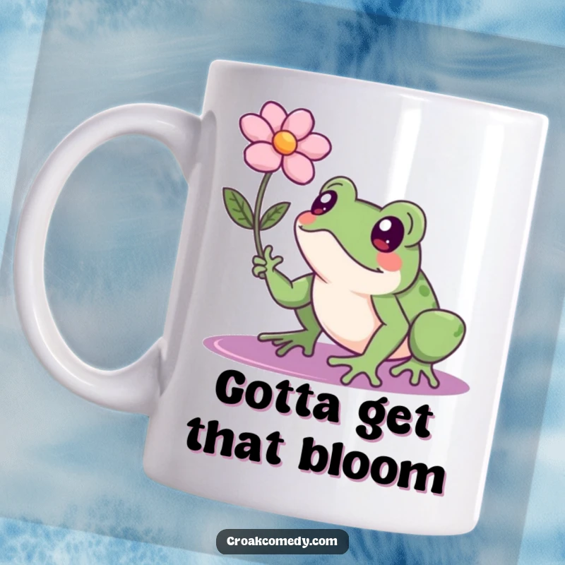 Funny frog with a focused, determined expression, stretching its webbed foot towards a delicate floating flower, symbolizing ambition.