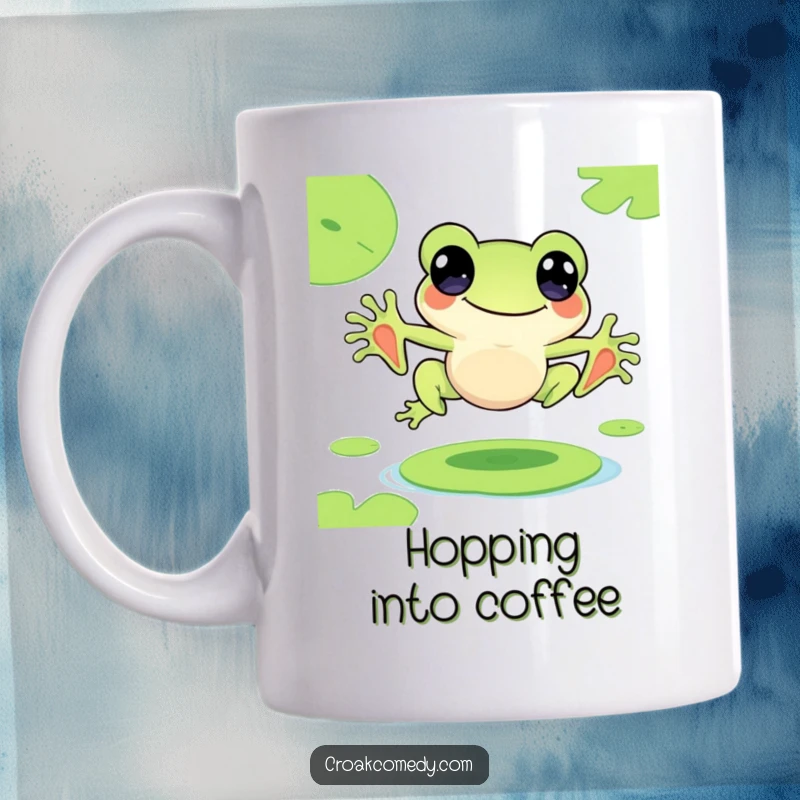 Funny mug with a cute frog character joyfully leaping from one lily pad to another, full of energy.
