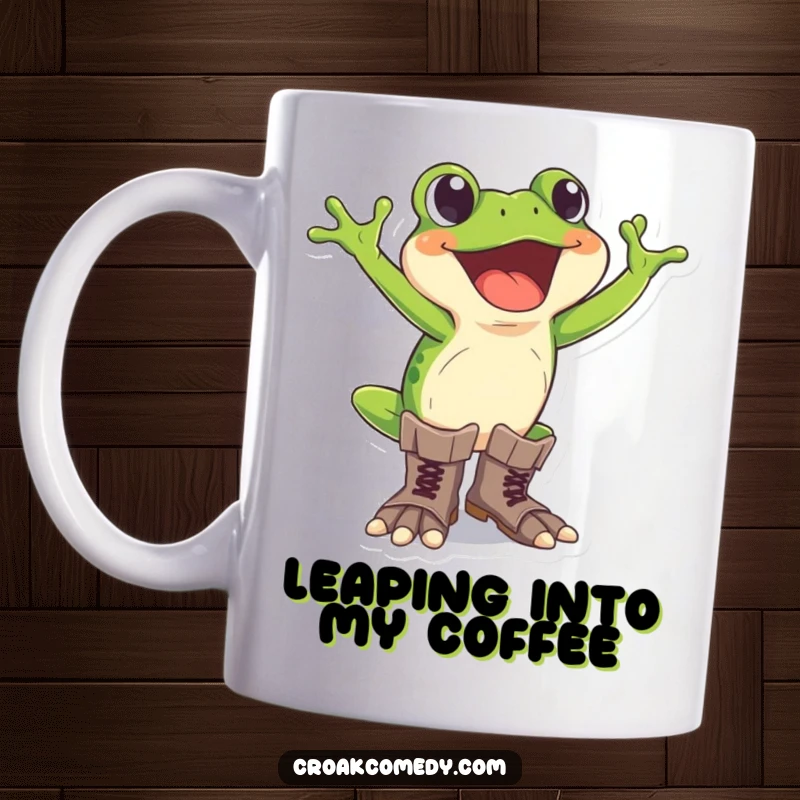 Funny excited frog mug wearing ridiculously large boots, poised for a big leap with humorous anticipation.