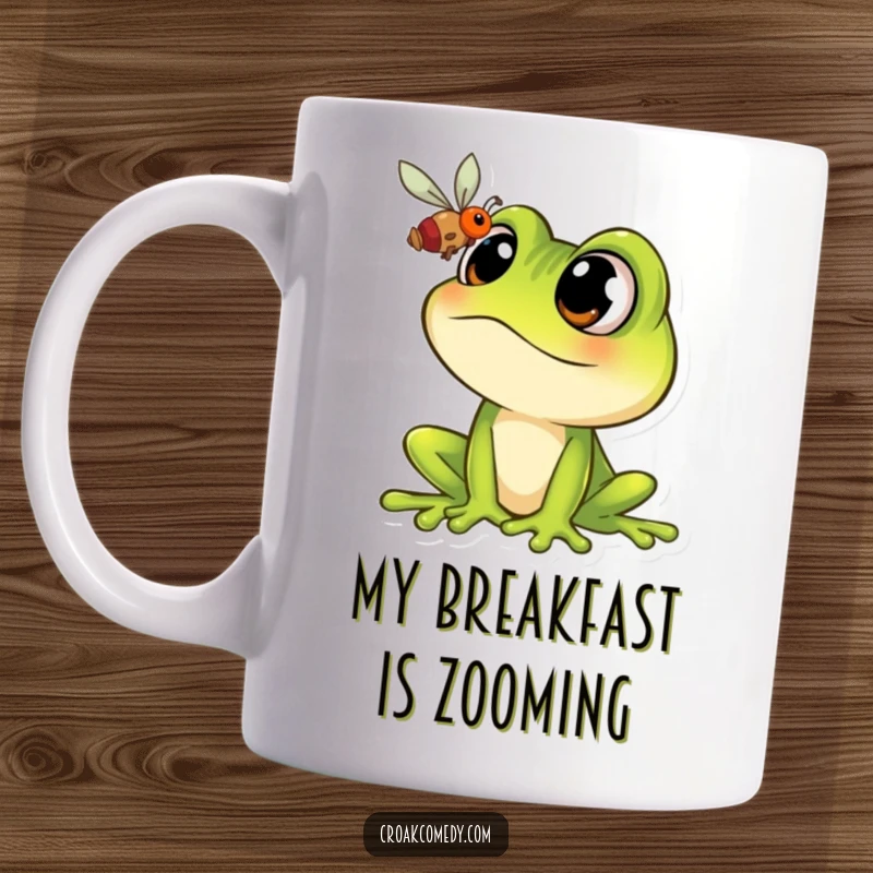 Funny Frog Mug: Wide-eyed cartoon frog intensely staring at a tasty fly, ready to pounce with humor.
