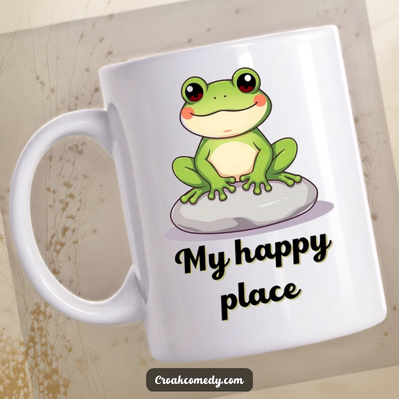 Funny Frog Mug featuring a content frog serenely sitting on a smooth stone, radiating peaceful vibes and simple joy.