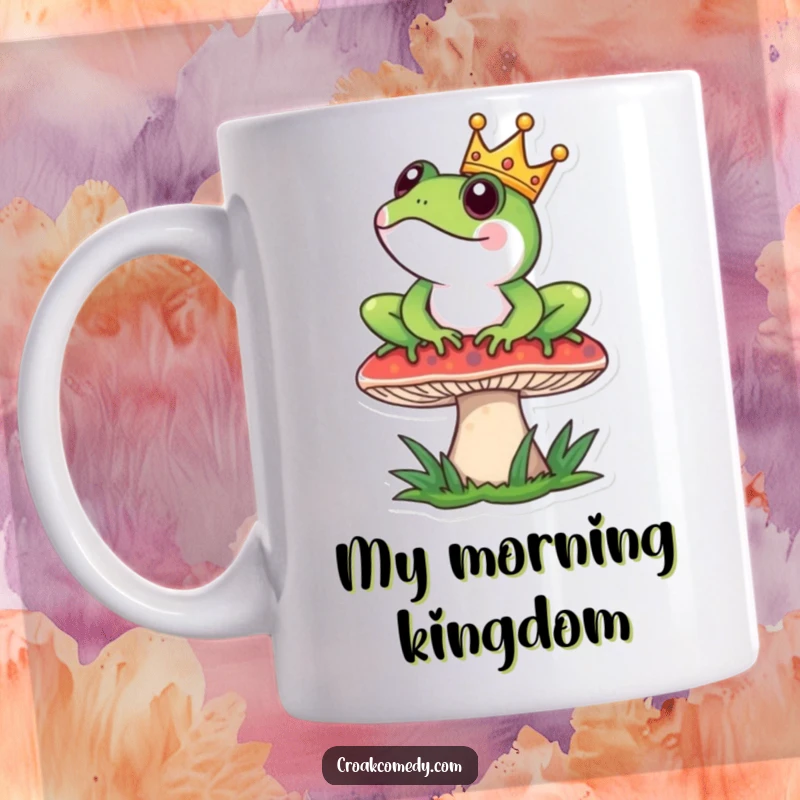 Funny Mug: A frog wearing a tiny crown sits regally upon a mushroom, exuding whimsical authority.