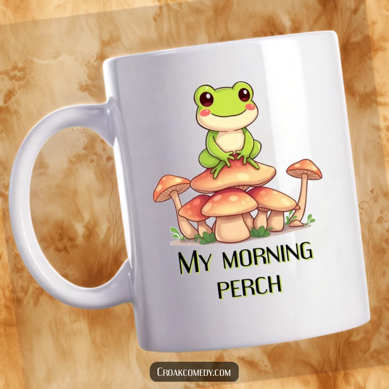 Funny Frog Mug: A happy cartoon frog calmly balancing atop a stack of colorful mushrooms, radiating serenity.