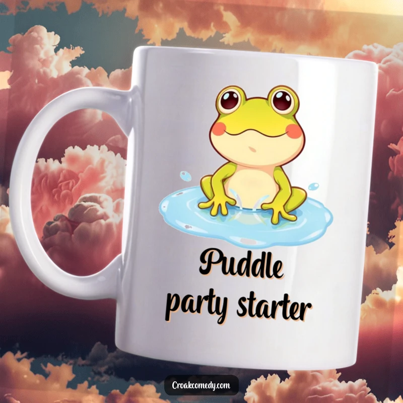 Funny Frog Mug: A playful cartoon frog gleefully splashing in a vibrant blue puddle, radiating happiness.