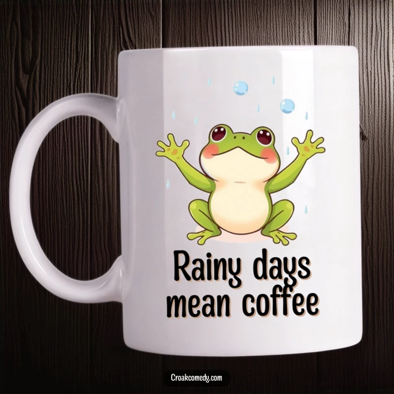 Funny mug with a small frog, arms outstretched, catching raindrops with pure delight and happiness.