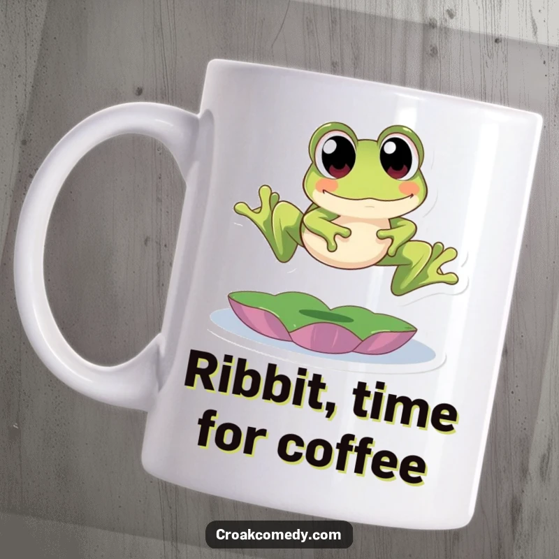 Funny Mug: A cute frog with large, expressive eyes joyfully leaping over a green lily pad, showcasing a lively and playful demeanor.