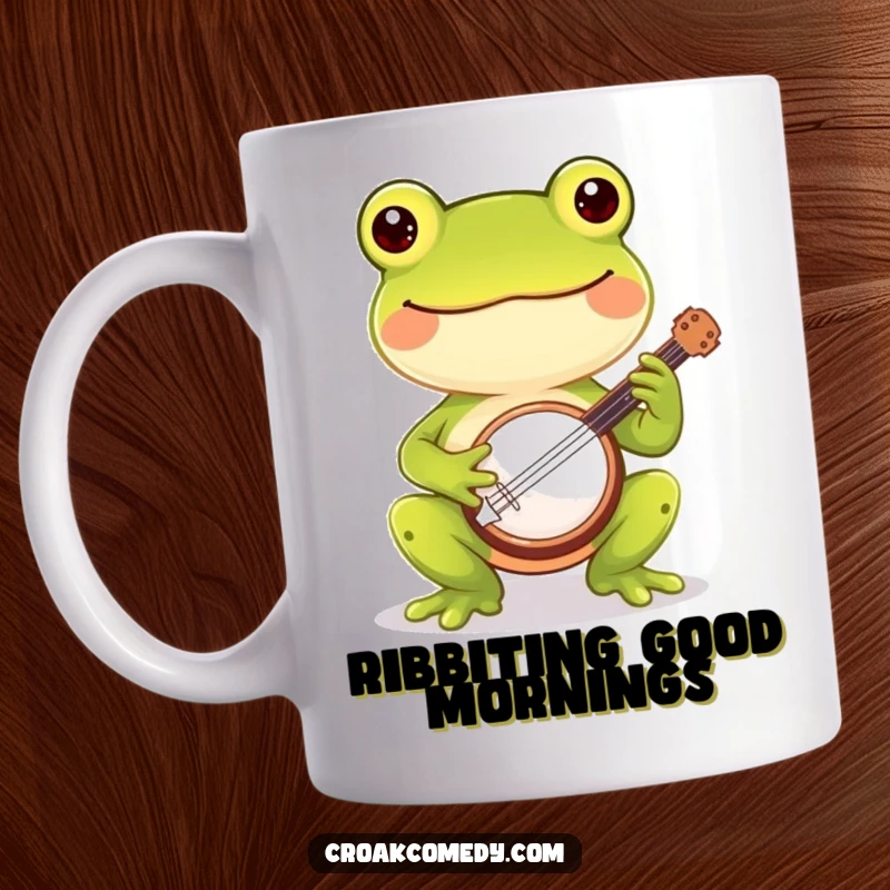 Funny cheerful frog mug happily playing a tiny banjo, bringing musical joy and humor.