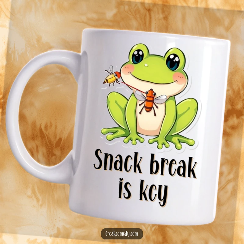 Funny Mug: A smiling frog expertly balancing a fly on the tip of its long tongue, showcasing a comical and skillful moment.