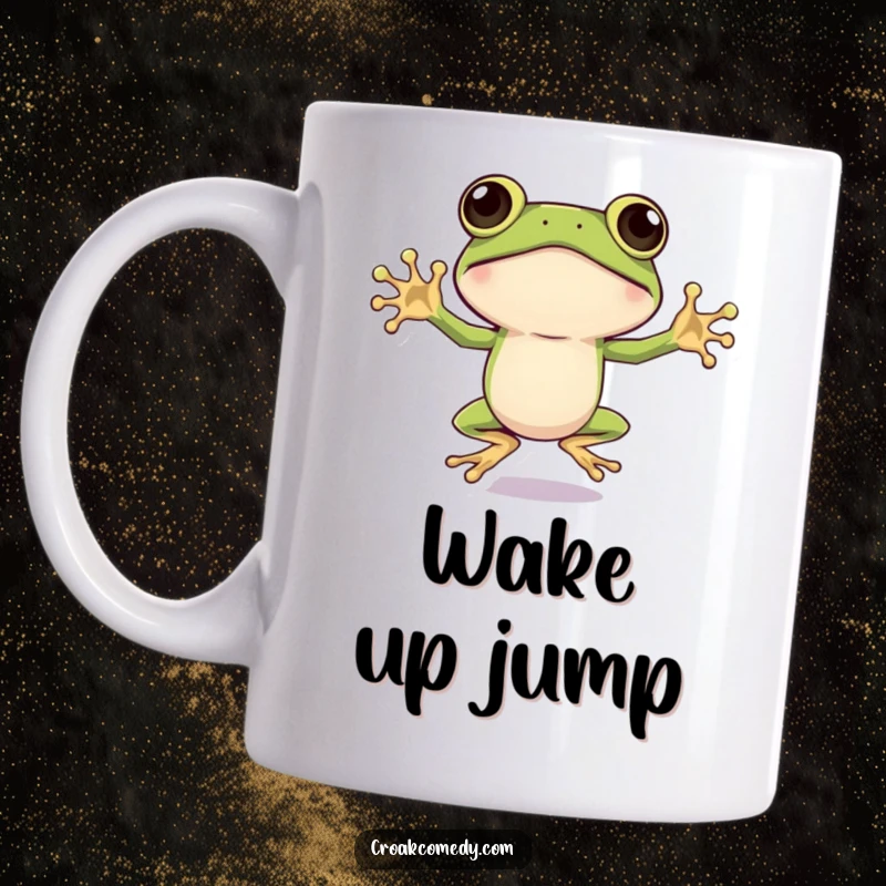 Funny Frog Mug: A wide-eyed amphibian enthusiastically performing a jumping jack, full of boundless energy, perfect for a funny gift.