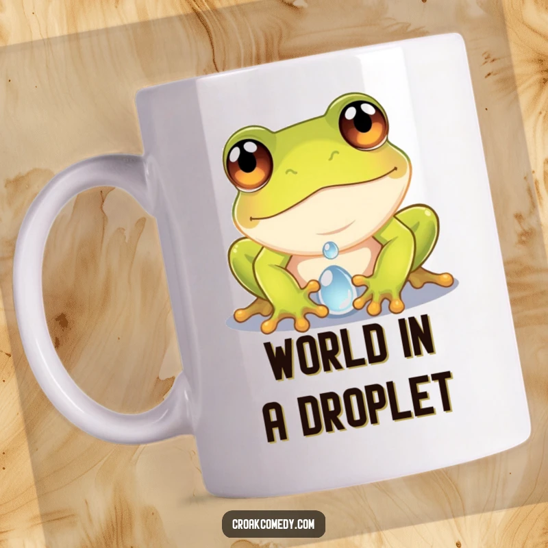 Funny frog mug featuring a curious frog with wide eyes peering intently into a glistening dewdroplet, showcasing miniature wonder.