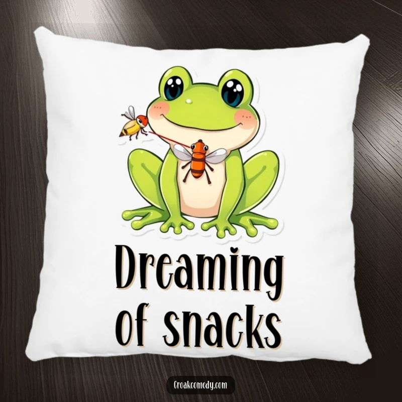 Funny Pillow featuring a smiling frog balancing a fly on its tongue, offering plush comfort and a dose of hilarious, quirky humor.