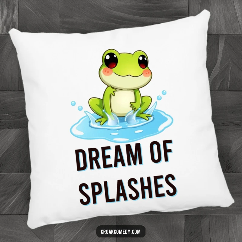Funny Pillow showing a playful frog character splashing gleefully in a puddle, adding a fun touch.