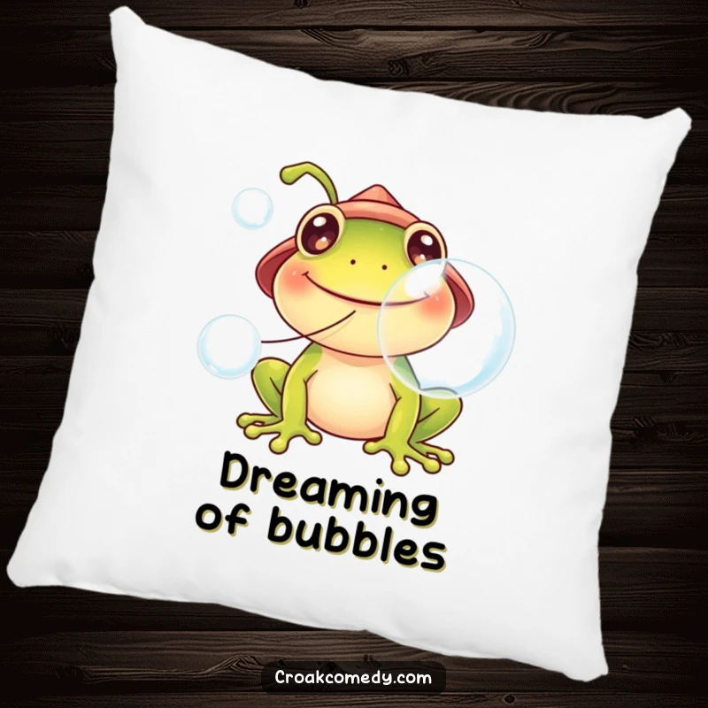 Funny frog pillow, wearing a tiny hat, blowing large bubbles, perfect for adding cozy charm and whimsy.