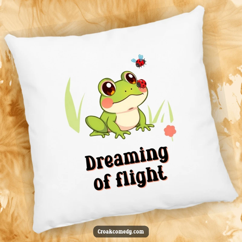 Funny pillow featuring a frog with wide, innocent eyes looking up at a ladybug, designed for comfort and a touch of whimsy.