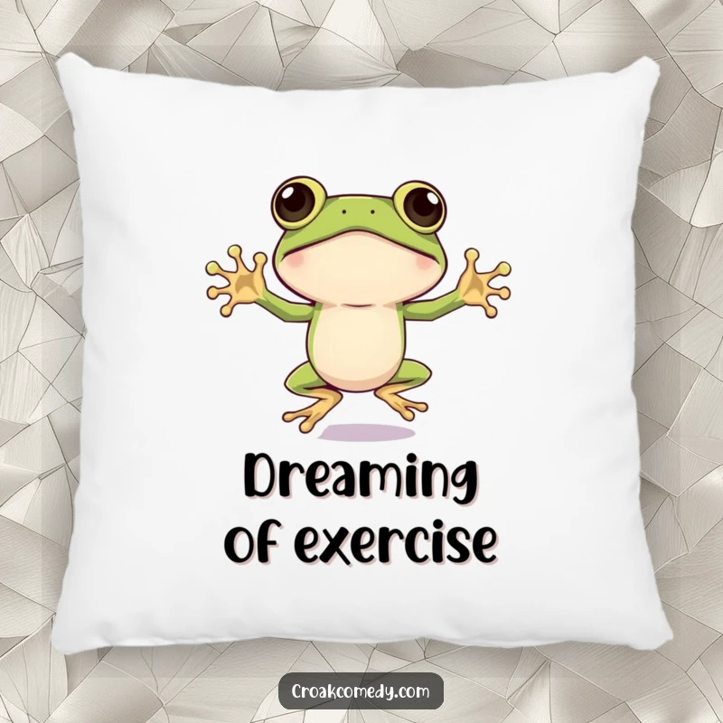 Funny Frog Pillow: A plush cushion featuring a big-eyed frog energetically doing a jumping jack, adding comfort and humor, a funny gift.