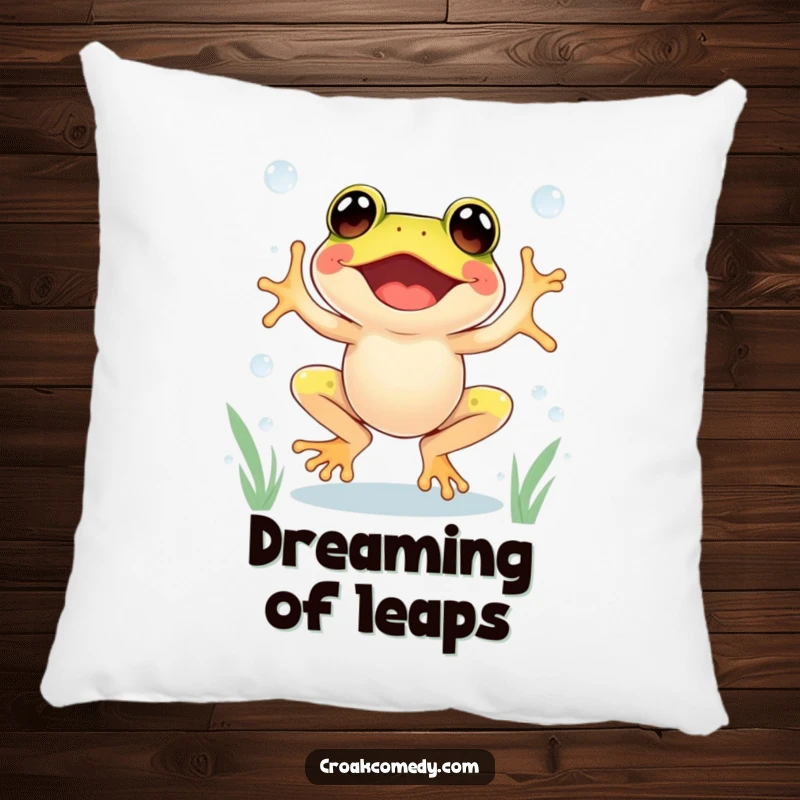 Funny Frog Pillow showing an excited frog jumping between dewdrops, adding soft comfort and cheer.