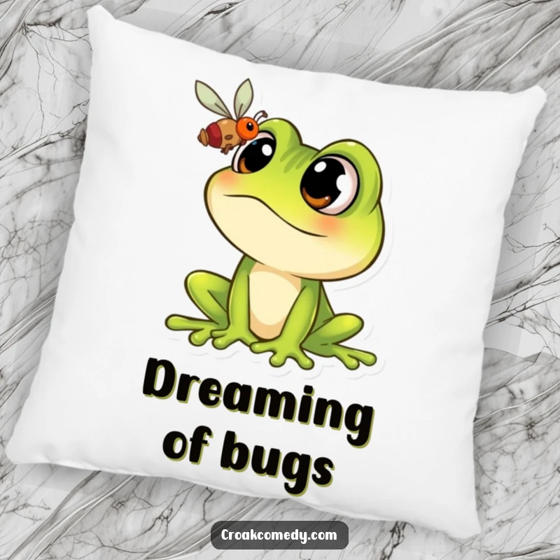 Funny Frog Pillow: A cartoon frog with big, dreamy eyes looking at a fly, a soft and humorous decor piece.