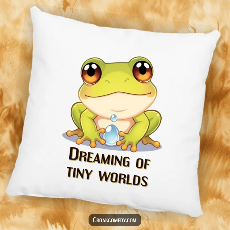 Funny frog pillow featuring a curious frog with wide eyes looking into a dewdroplet, perfect for cozying up with nature.