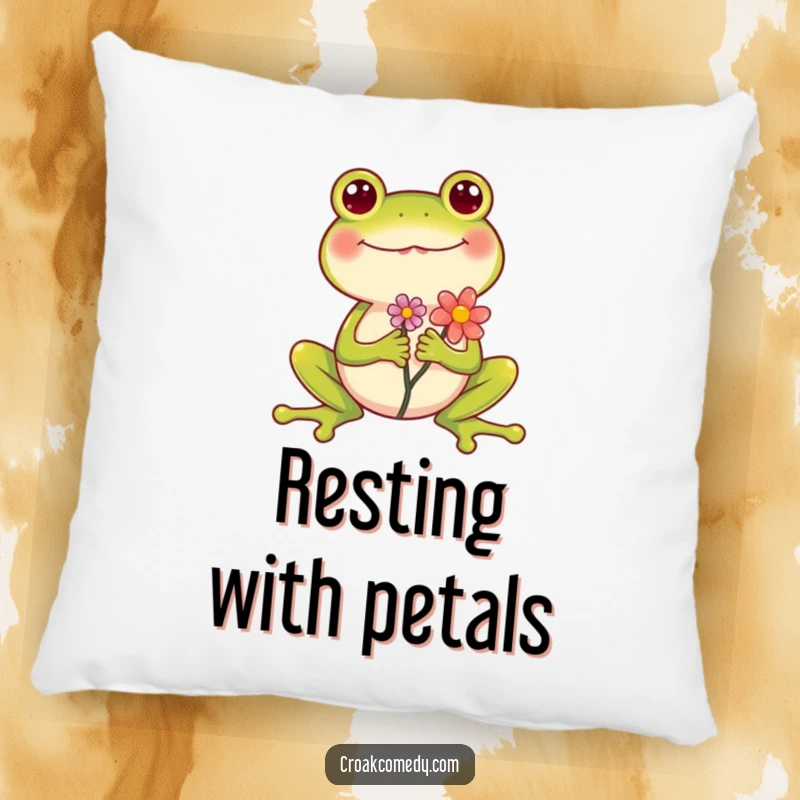 Funny Frog Pillow featuring a cheerful frog holding a flower, legs spread wide in a joyful embrace, soft and humorous decor.