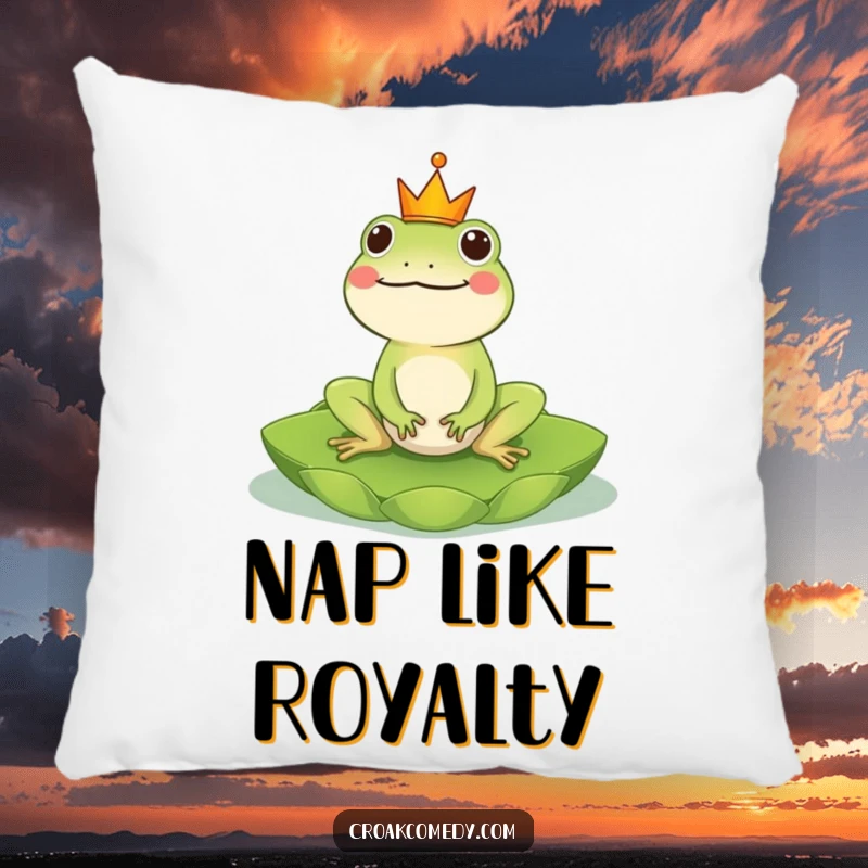 Funny Frog Pillow: A plush cushion featuring a crowned frog on a lily pad, offering regal comfort and a touch of humor, a funny gift.