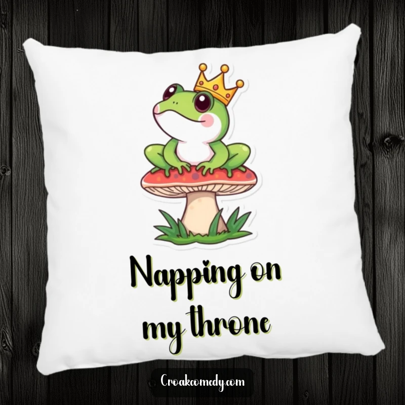 Funny Pillow: Frog with crown sits regally on a mushroom, soft cushion for royal lounging.