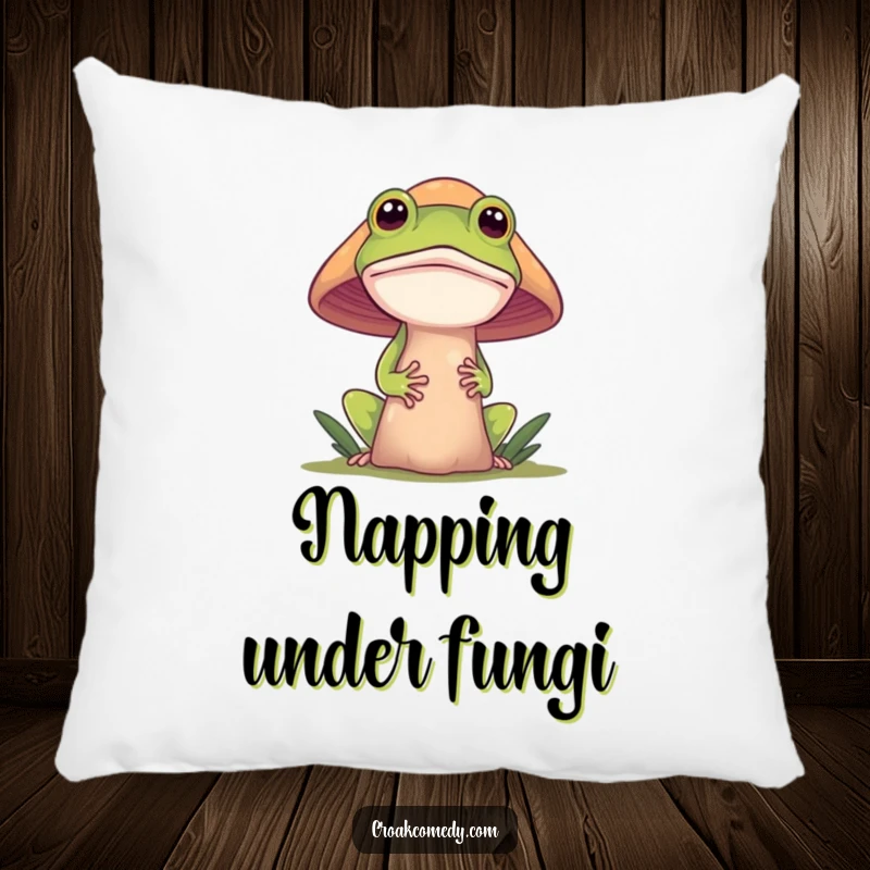 Funny frog pillow, a curious frog partially hidden behind a large mushroom, providing comfort with a touch of woodland intrigue.