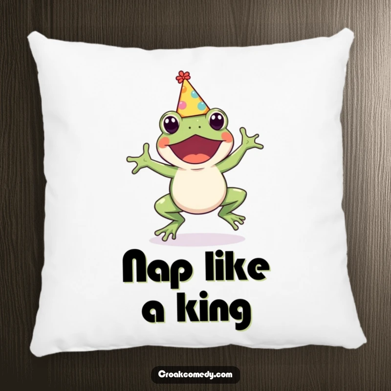 Funny Frog Pillow: A soft, decorative cushion showcasing a cute frog in a party hat, joyfully hopping, bringing cheer, a funny gift.