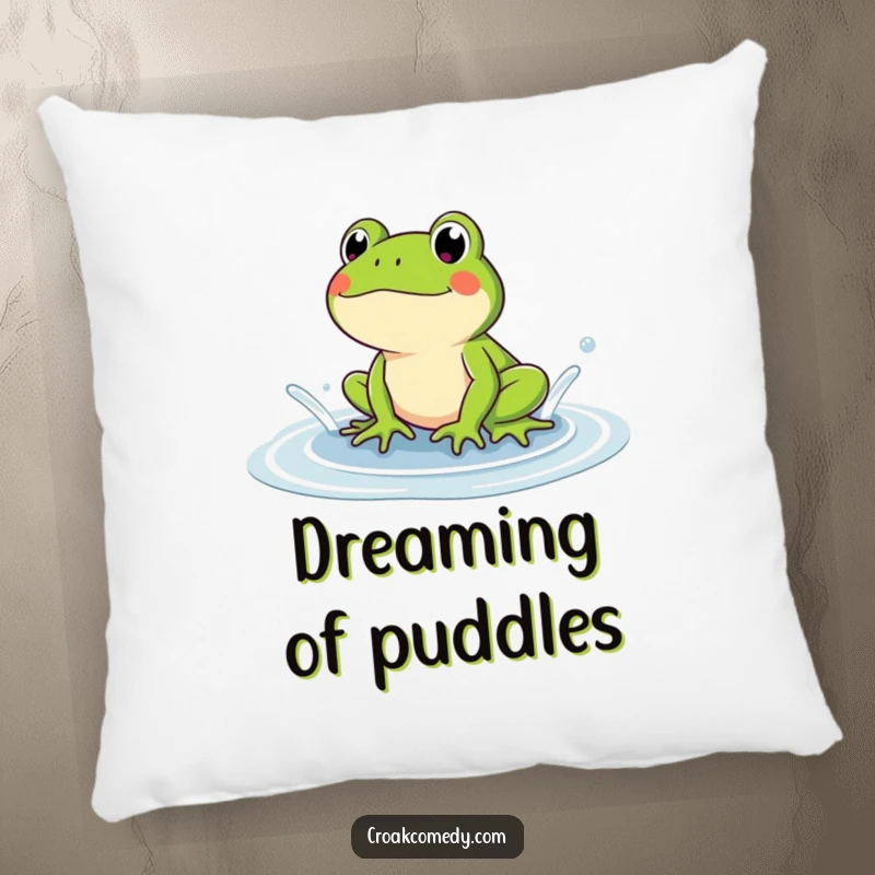 Funny frog pillow featuring a happy frog splashing in a puddle. A soft, humorous, and decorative gift.
