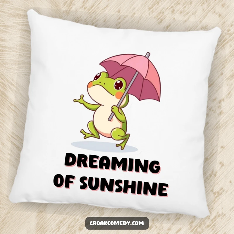 Soft pillow featuring a funny frog character holding a tiny umbrella, bringing whimsical comfort and humor to home decor.